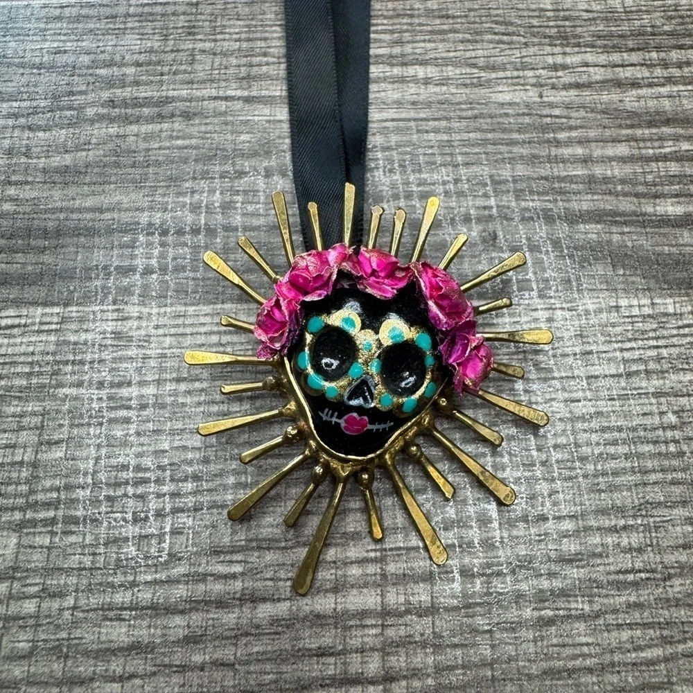 Edith Orozco Black Ribbon Necklace with Pink and Gold Sunburst Pendant